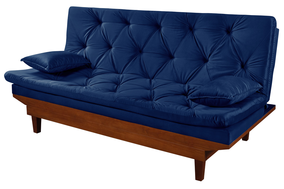 Kit Sofa Cama Caribe + 2 banquetas Rubi Suede Azul Marinho Essencial Estofados