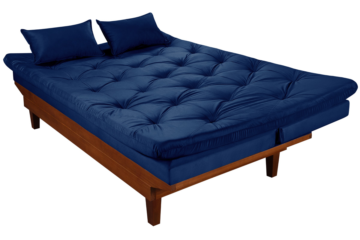 Kit Sofa Cama Caribe + 2 banquetas Rubi Suede Azul Marinho Essencial Estofados