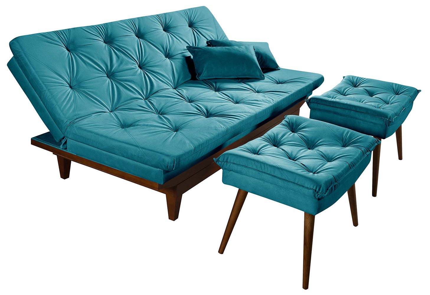 Kit Sofa Cama Caribe + 2 banquetas Rubi Suede Azul Turquesa Essencial Estofados