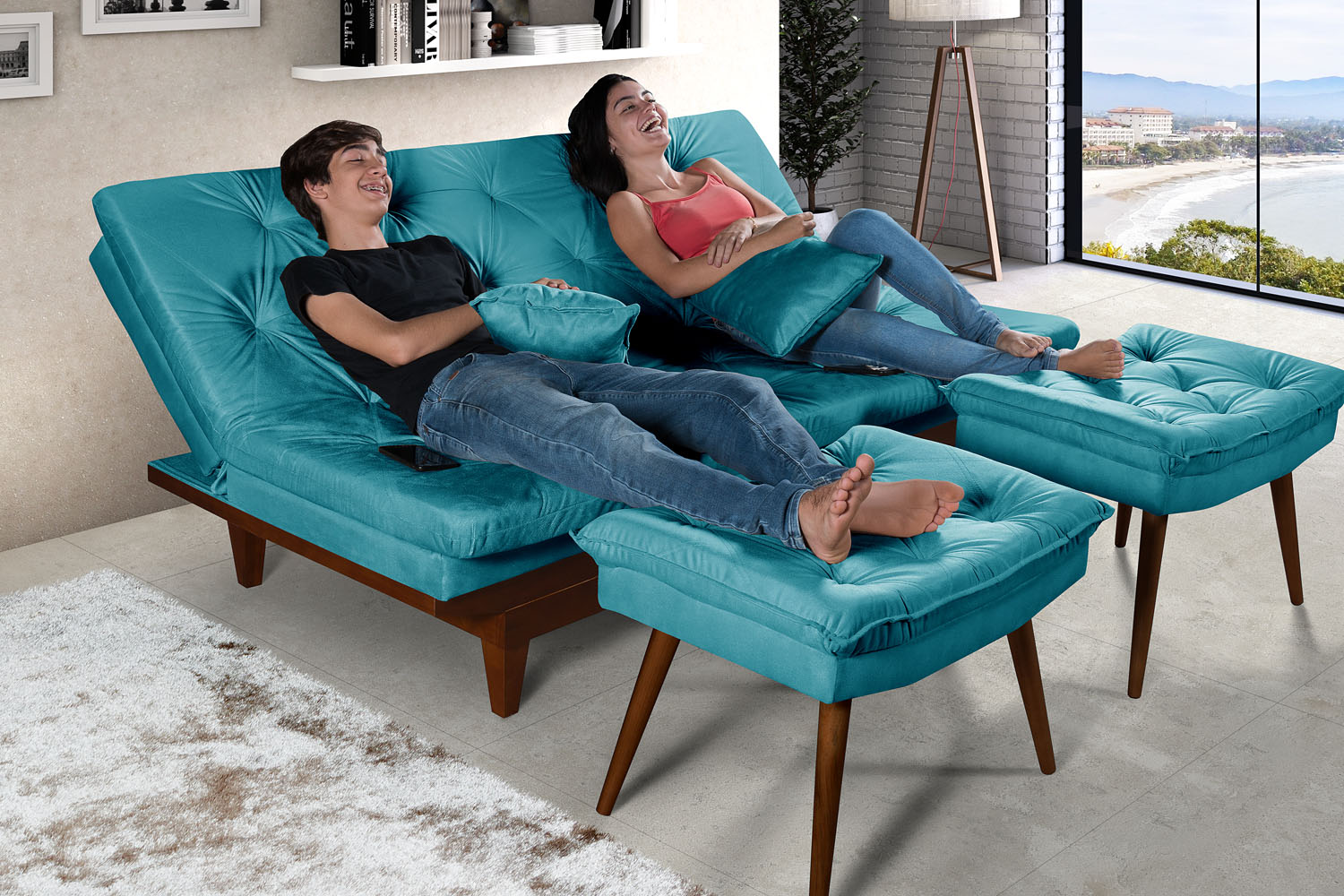 Kit Sofa Cama Caribe + 2 banquetas Rubi Suede Azul Turquesa Essencial Estofados