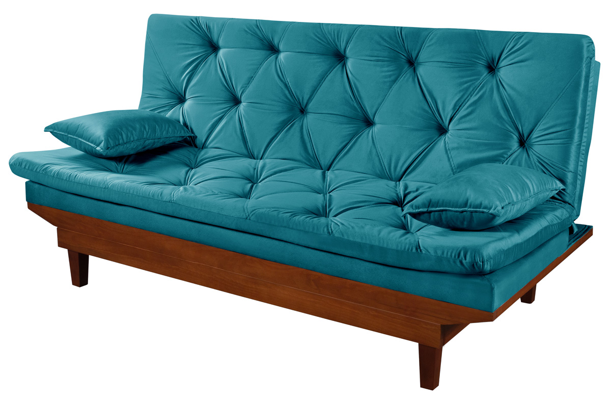 Kit Sofa Cama Caribe + 2 banquetas Rubi Suede Azul Turquesa Essencial Estofados