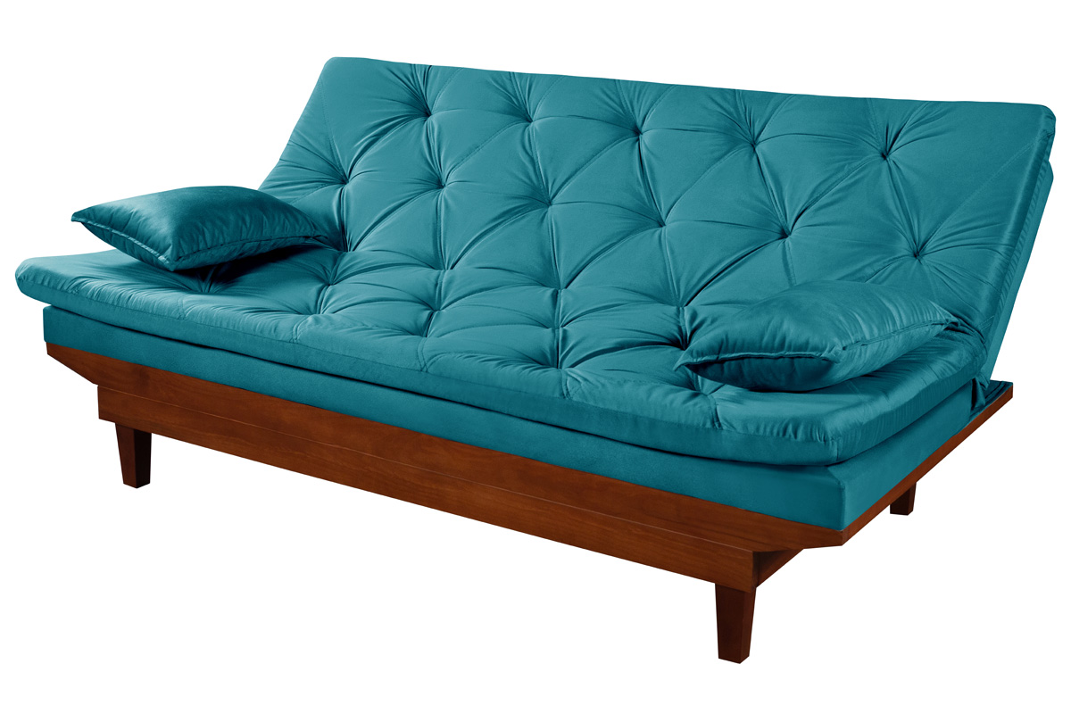 Kit Sofa Cama Caribe + 2 banquetas Rubi Suede Azul Turquesa Essencial Estofados