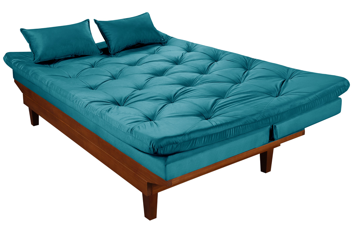 Kit Sofa Cama Caribe + 2 banquetas Rubi Suede Azul Turquesa Essencial Estofados