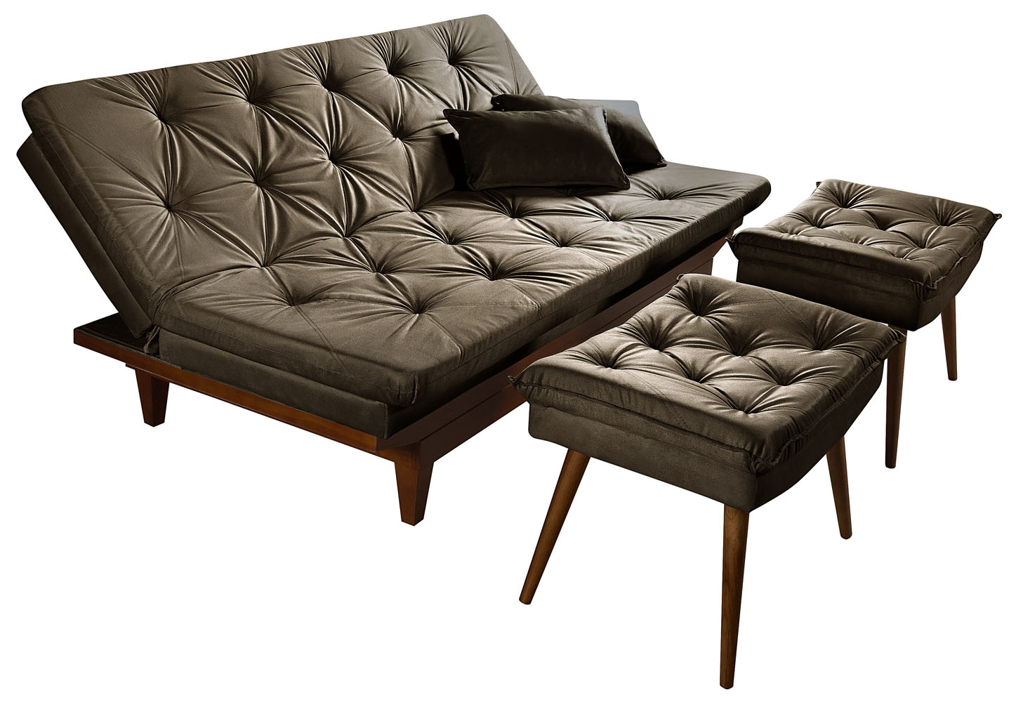 Kit Sofa Cama Caribe + 2 banquetas Rubi Suede Cappucino Essencial Estofados
