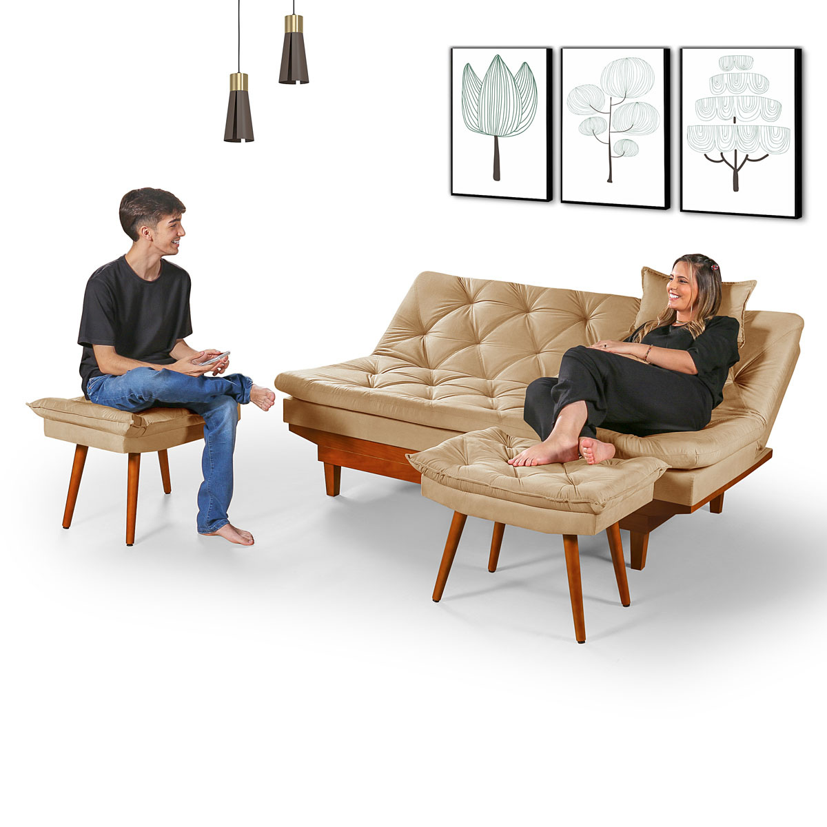 Kit Sofa Cama Caribe + 2 banquetas Rubi Suede Chocolate Essencial Estofados