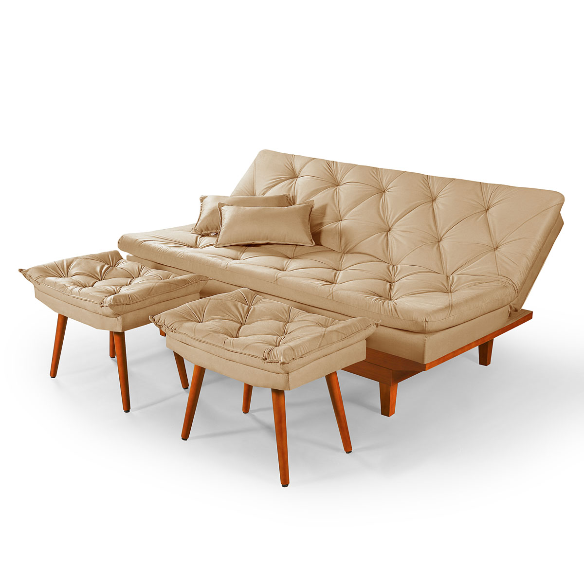 Kit Sofa Cama Caribe + 2 banquetas Rubi Suede Chocolate Essencial Estofados