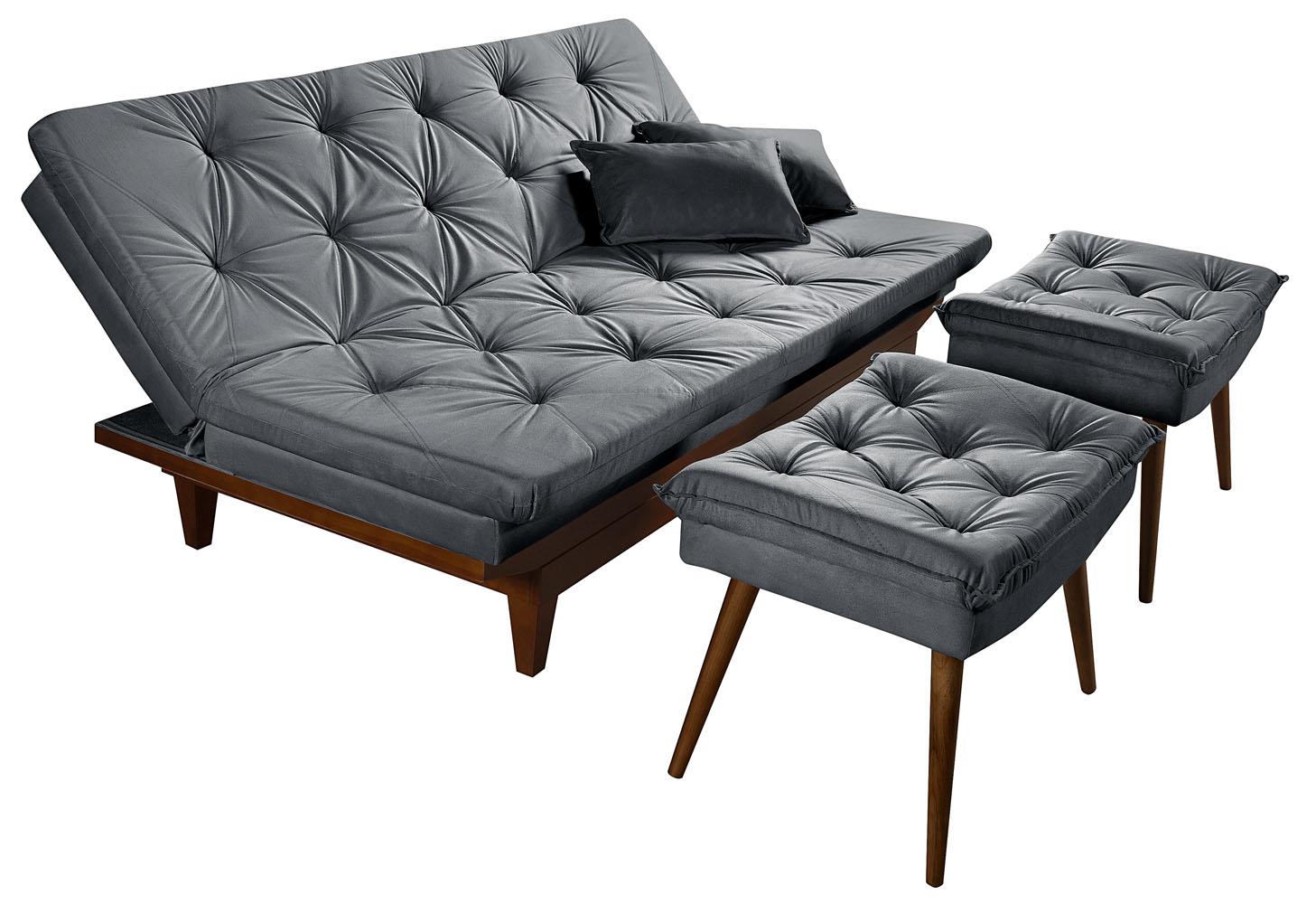 Kit Sofa Cama Caribe + 2 banquetas Rubi Suede Cinza Essencial Estofados
