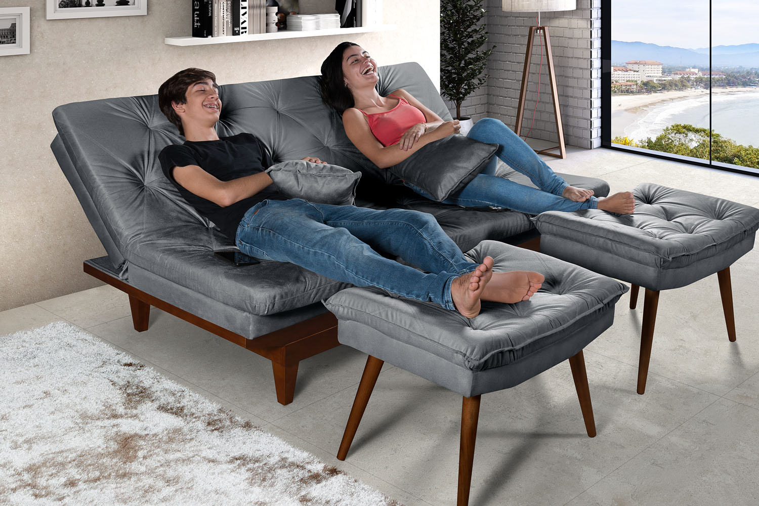 Kit Sofa Cama Caribe + 2 banquetas Rubi Suede Cinza Essencial Estofados