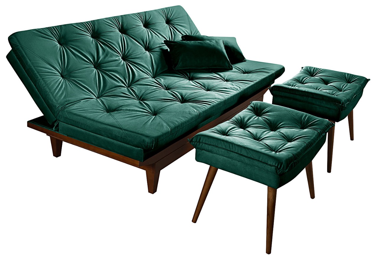 Kit Sofa Cama Caribe + 2 banquetas Rubi Suede Verde Essencial Estofados