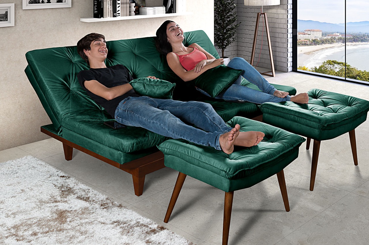 Kit Sofa Cama Caribe + 2 banquetas Rubi Suede Verde Essencial Estofados