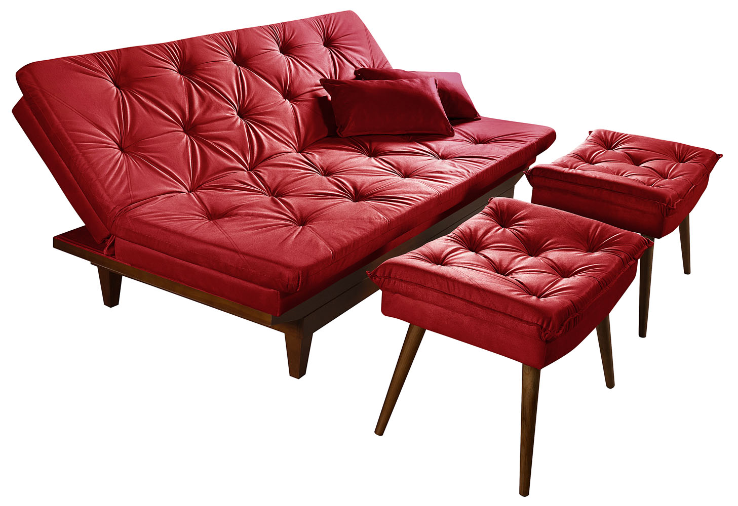 Kit Sofa Cama Caribe + 2 banquetas Rubi Suede Vermelho Essencial Estofados