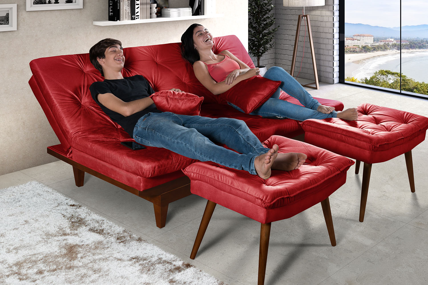 Kit Sofa Cama Caribe + 2 banquetas Rubi Suede Vermelho Essencial Estofados