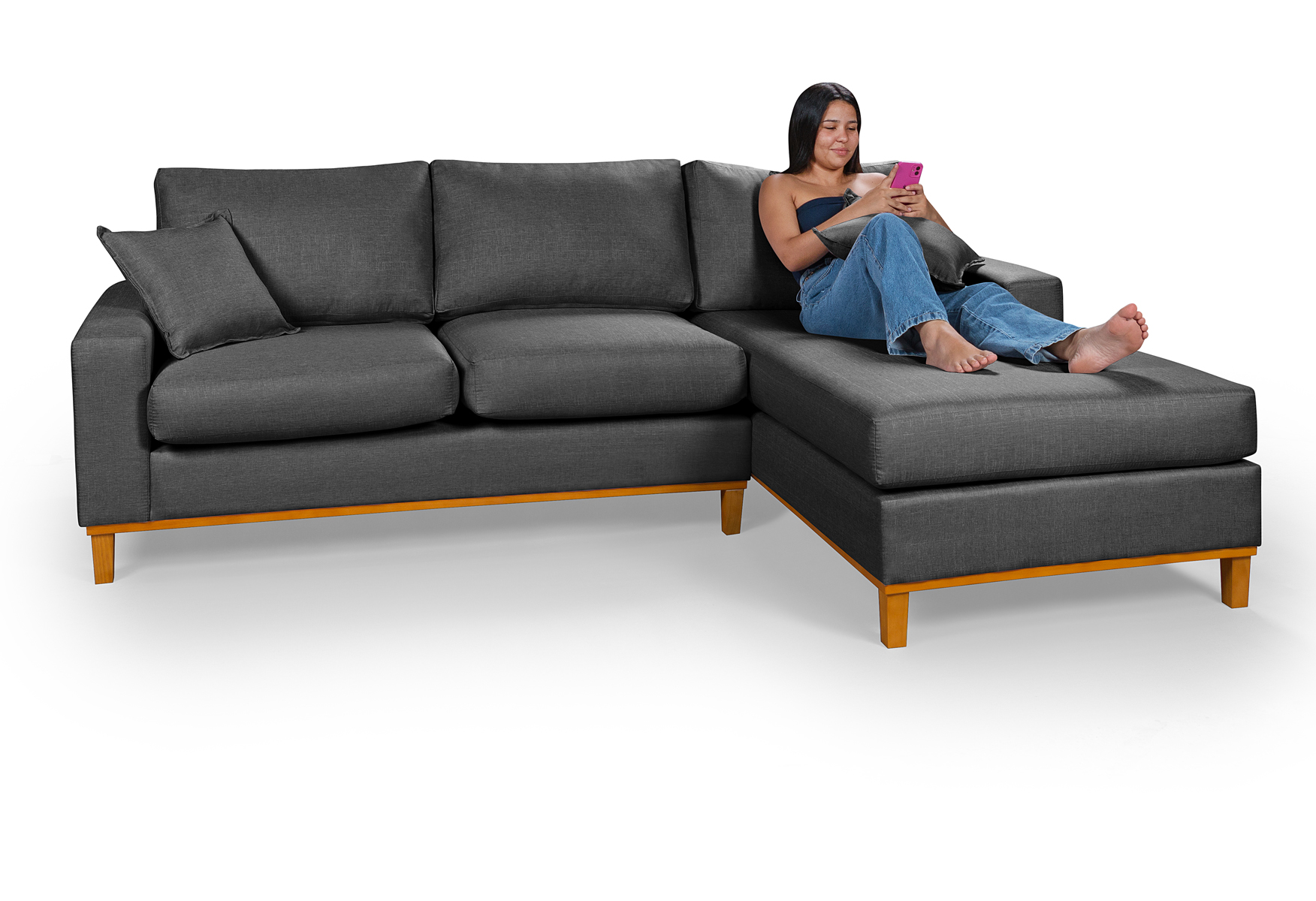 Sofá Living Amsterdã Com Chaise 3 Lugares Revestido Linho Base em Madeira