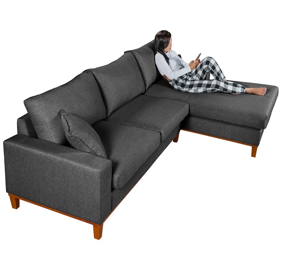 Sofá Living Amsterdã Com Chaise 3 Lugares Revestido Linho Base em Madeira