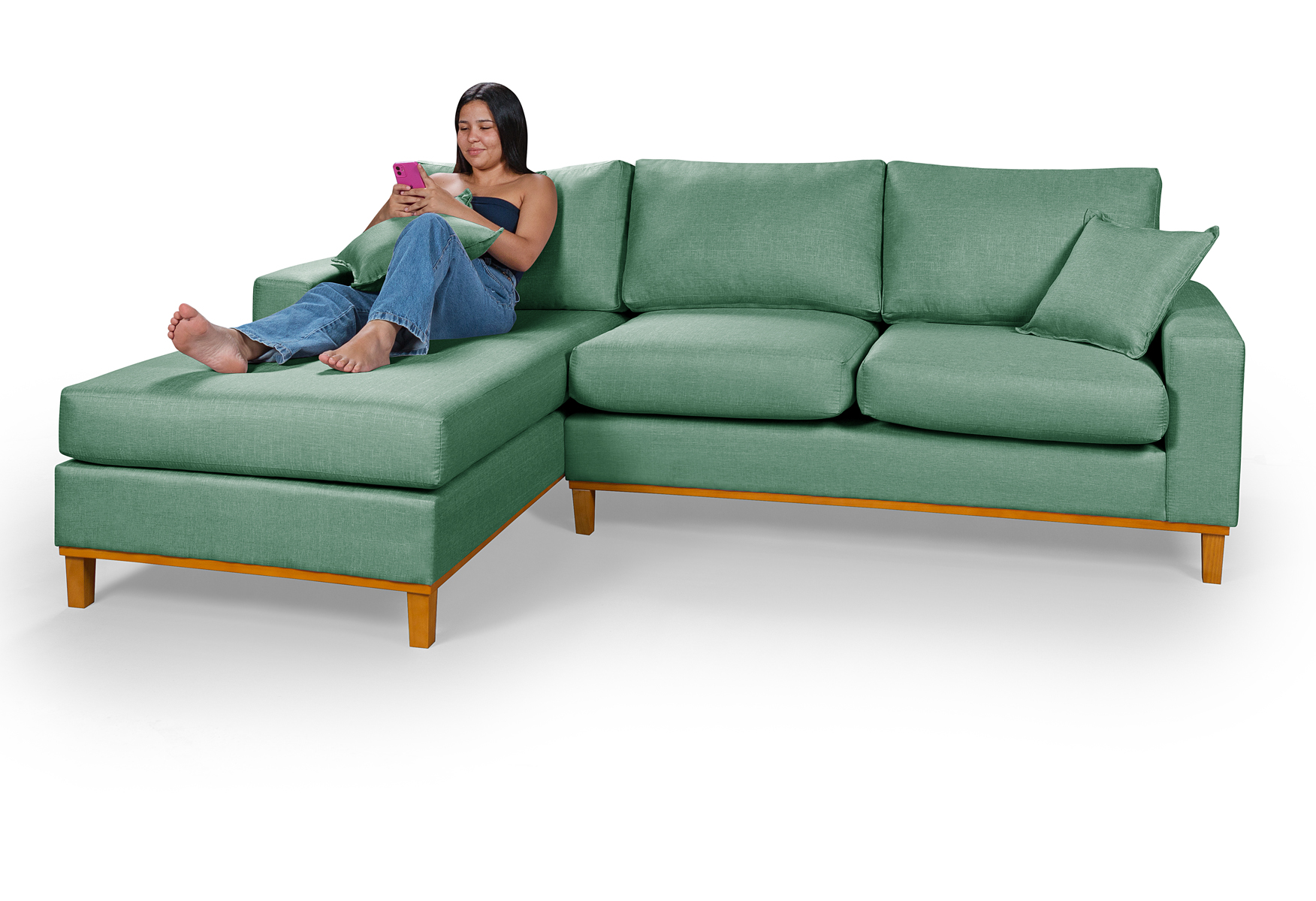 Sofá Living Amsterdã Com Chaise 3 Lugares Revestido Linho Base em Madeira