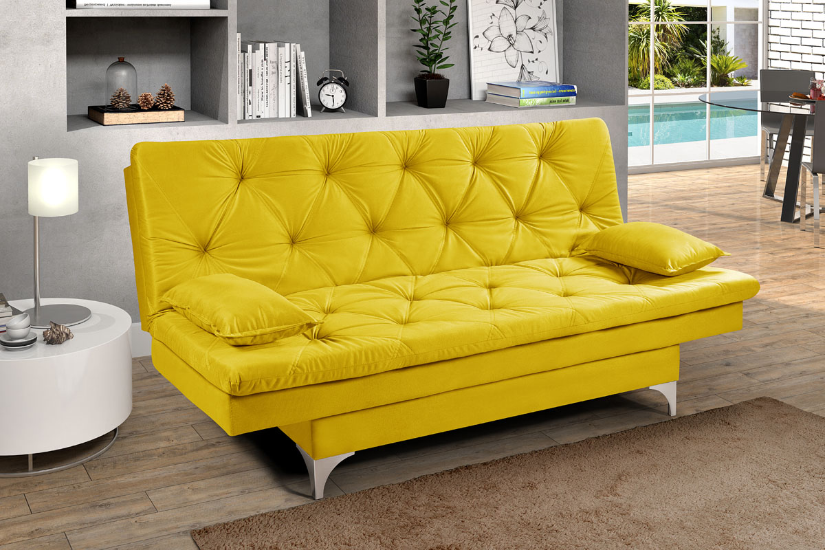 Sofá cama Austria reclinável 3 pocições Suede Amarelo Essencial Estofados