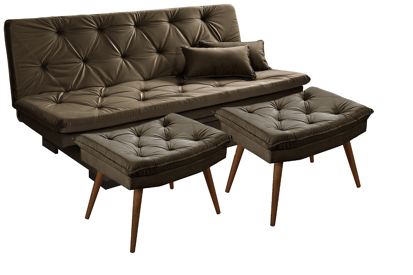 Sofá cama Bau reclinável 3 posições + 2 banquetas  em Suede Cappuccino