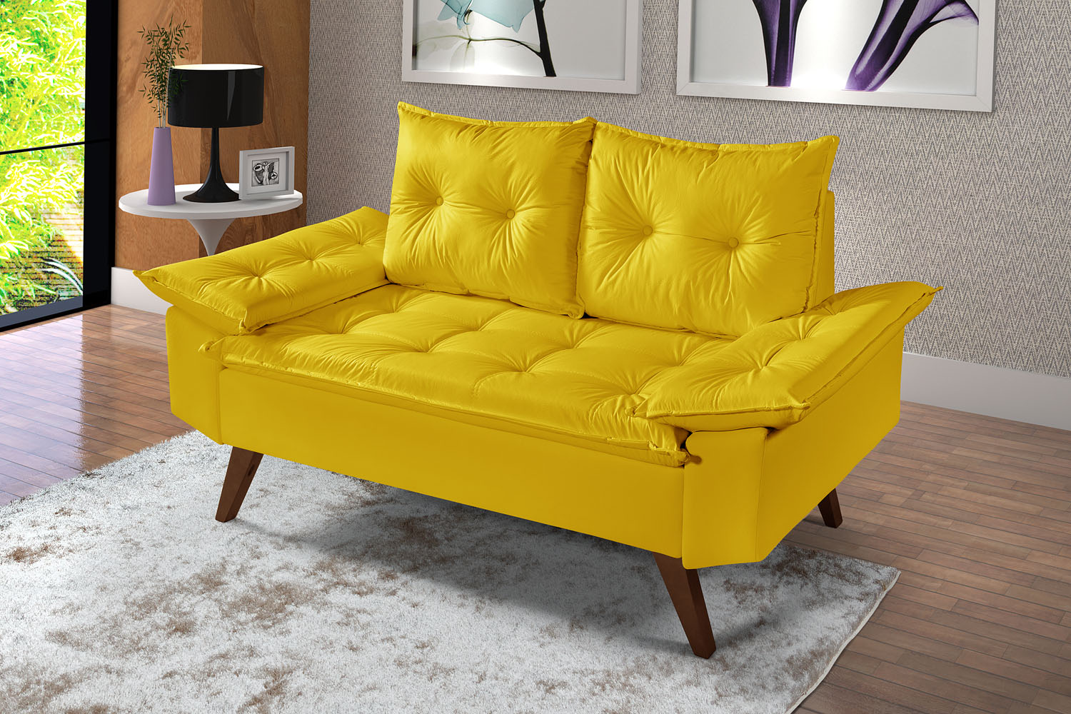 Sofa 2 Lugares Bariloche Retro Courino Amarelo Couro Sintetico Essencial Estofados
