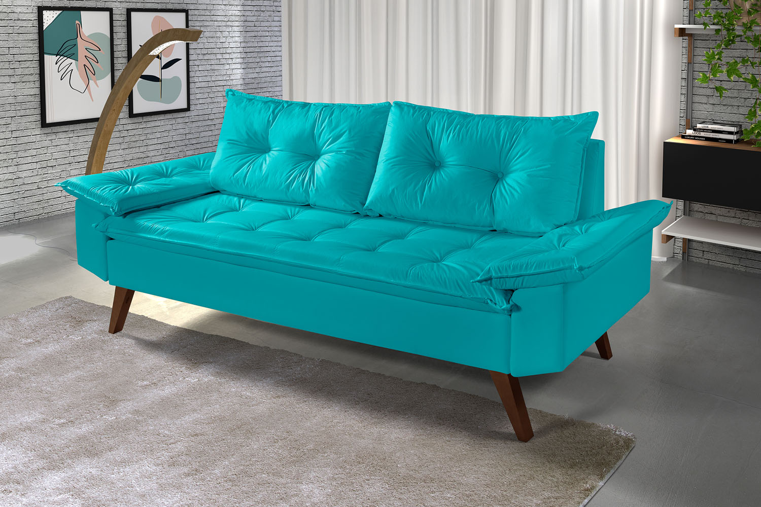 Sofa 3 Lugares Bariloche Retro Courino Azul Turquesa Couro Sintetico Essencial Estofados