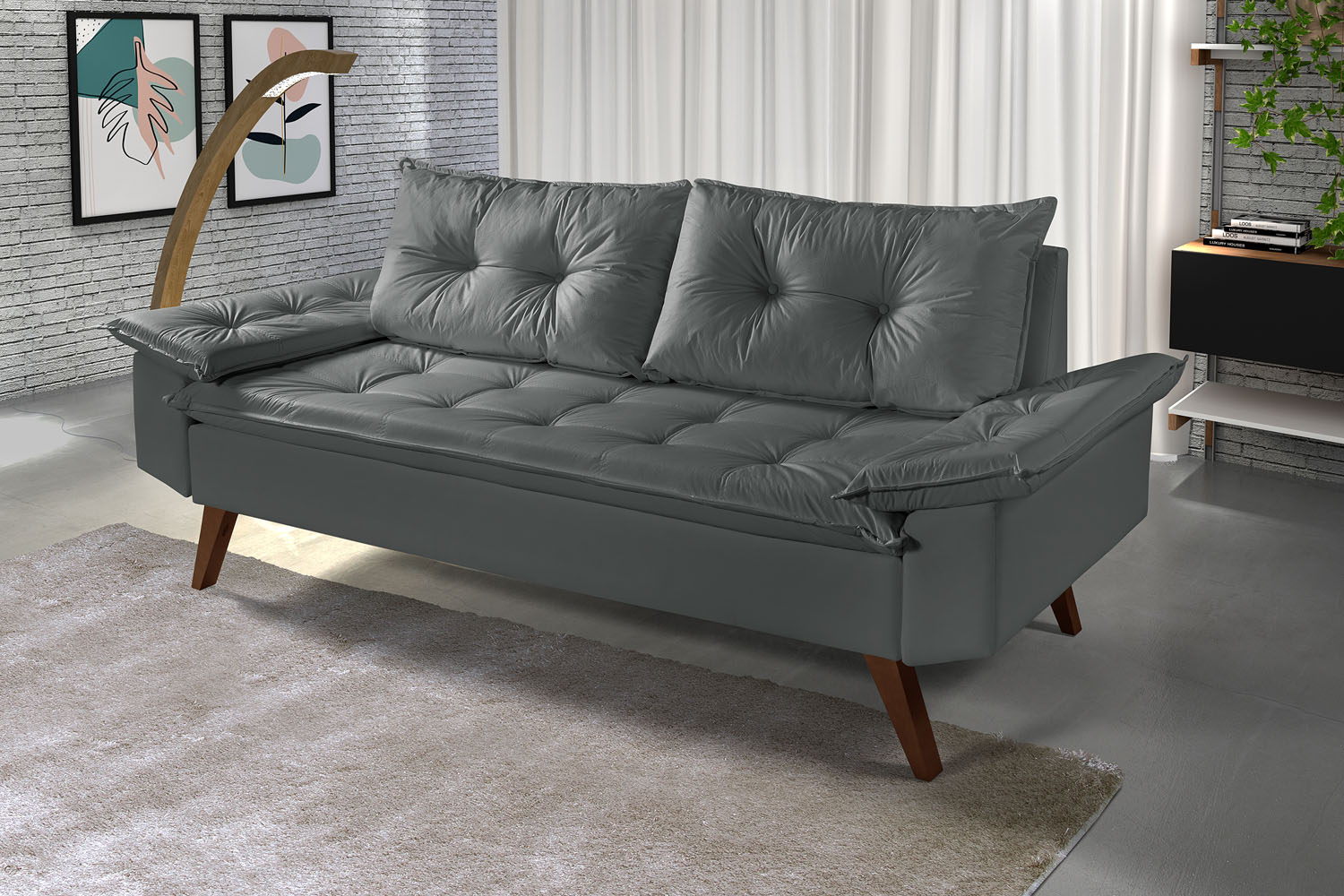 Sofa 3 Lugares Bariloche Retro Courino Cinza Couro Sintetico Essencial Estofados
