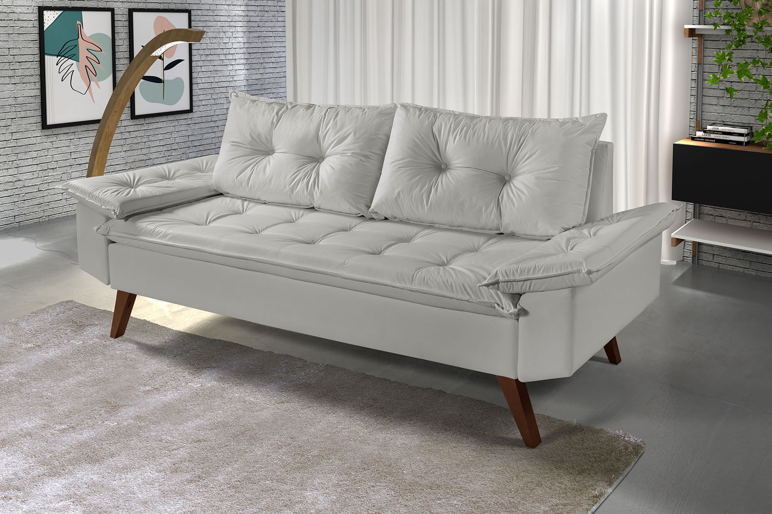 Sofa 3 Lugares Bariloche Retro Courino Gelo Couro Sintetico Essencial Estofados