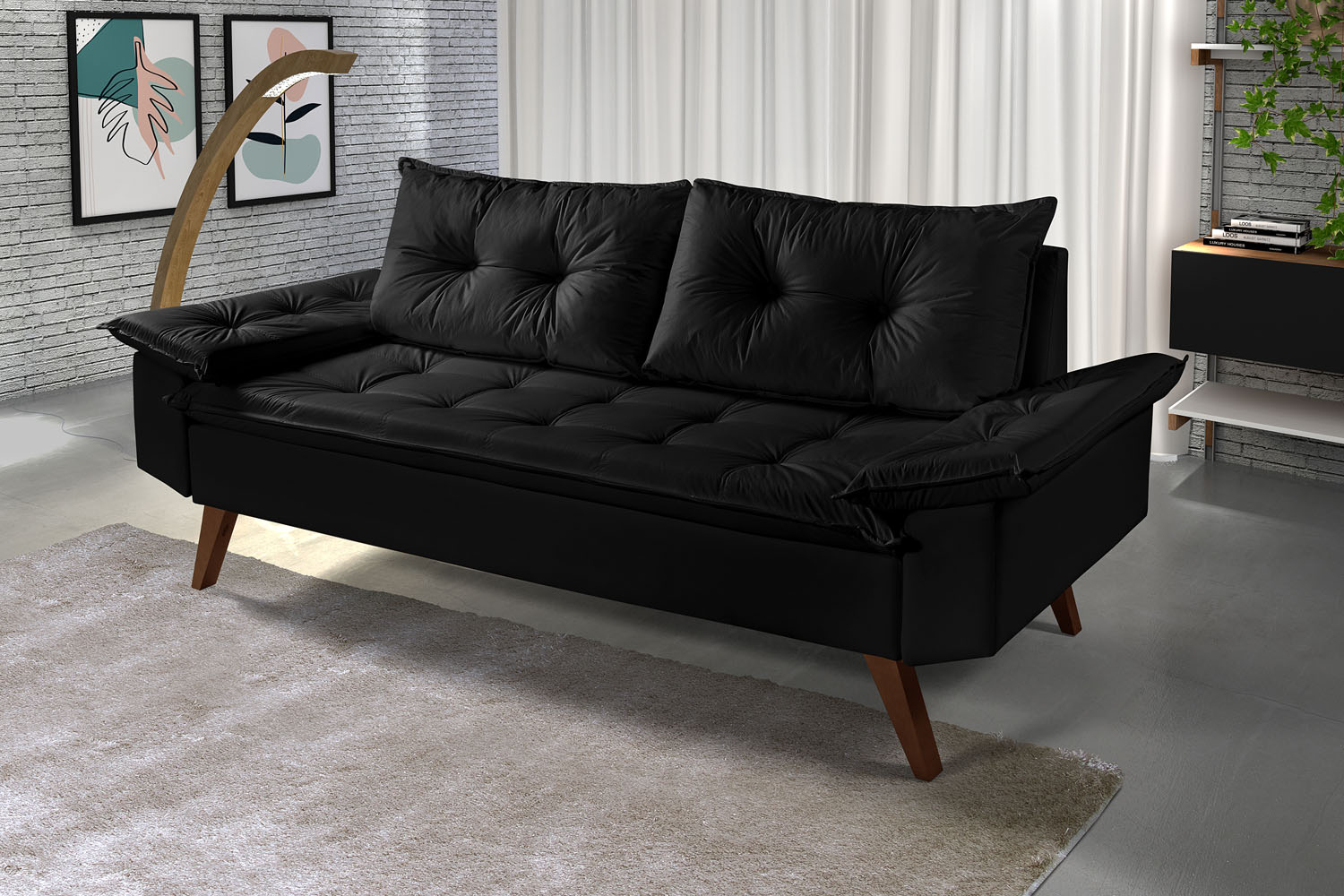 Sofa 3 Lugares Bariloche Retro Courino Preto Couro Sintetico Essencial Estofados