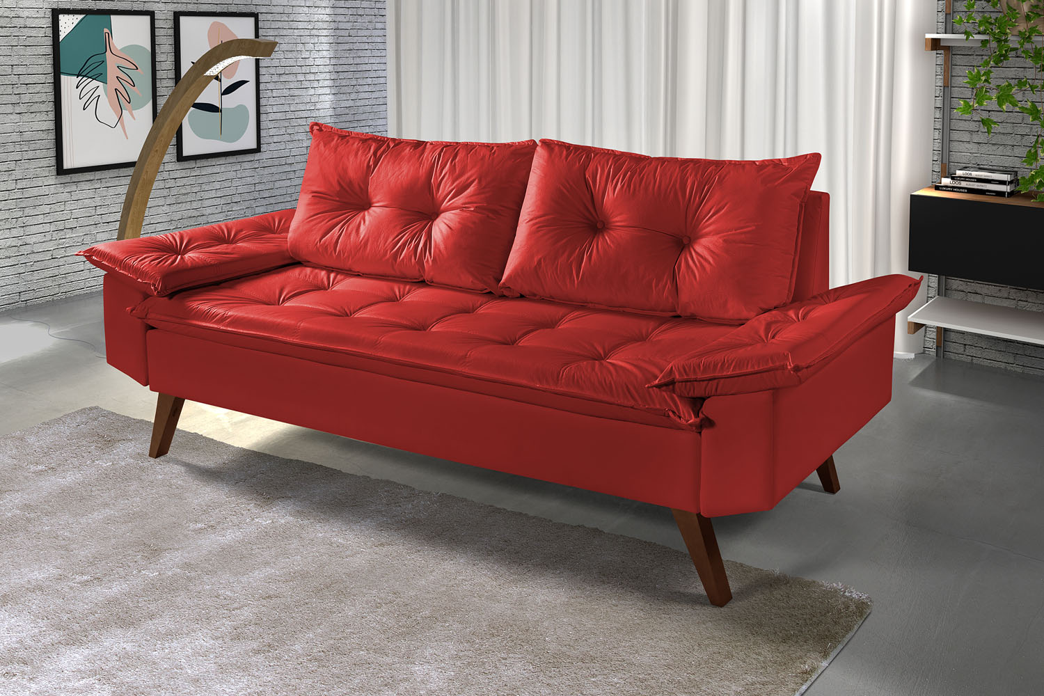 Sofa 3 Lugares Bariloche Retro Courino Vermelho Couro Sintetico Essencial Estofados