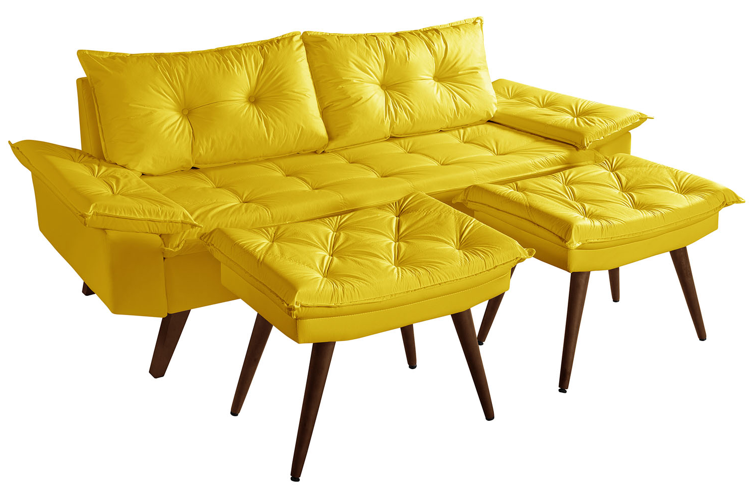 Sofa Bariloche 3 Lugares + 2 banquetas Retro Courino Amarelo Couro Sintetico Essencial Estofados