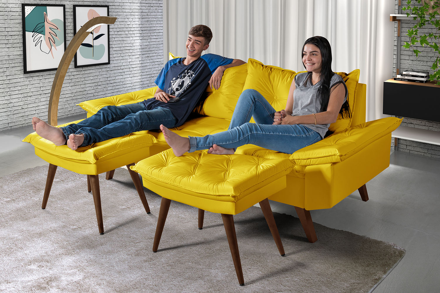 Sofa Bariloche 3 Lugares + 2 banquetas Retro Courino Amarelo Couro Sintetico Essencial Estofados