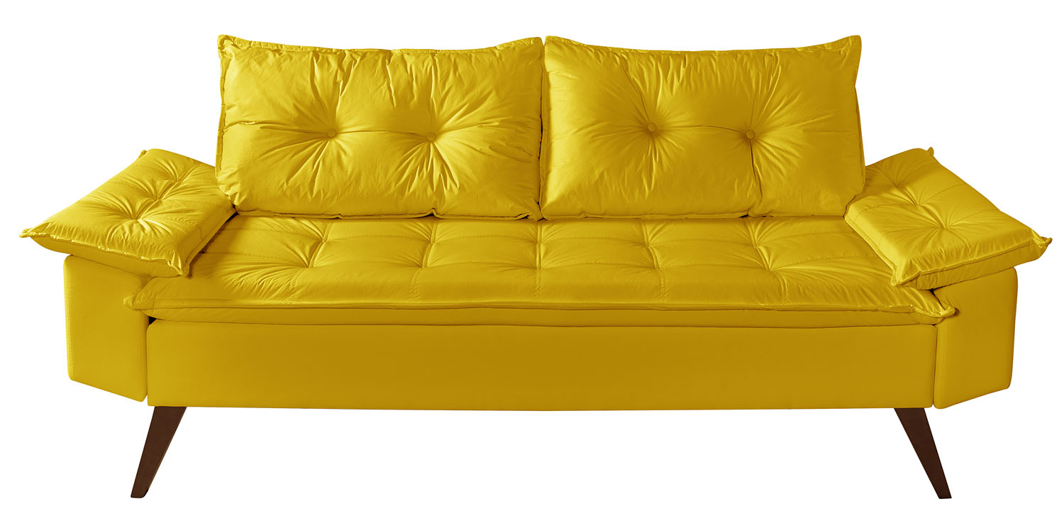 Sofa Bariloche 3 Lugares + 2 banquetas Retro Courino Amarelo Couro Sintetico Essencial Estofados
