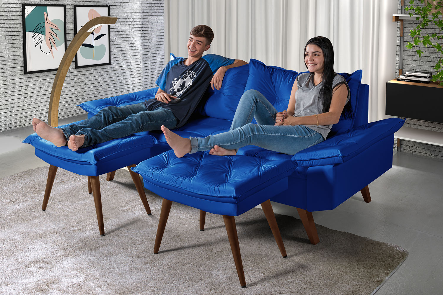 Sofa Bariloche 3 Lugares + 2 banquetas Retro Courino Azul Marinho Couro Sintetico Essencial Estofados