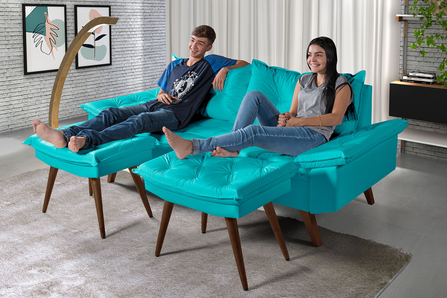 Sofa Bariloche 3 Lugares + 2 banquetas Retro Courino Azul Turquesa Couro Sintetico Essencial Estofados