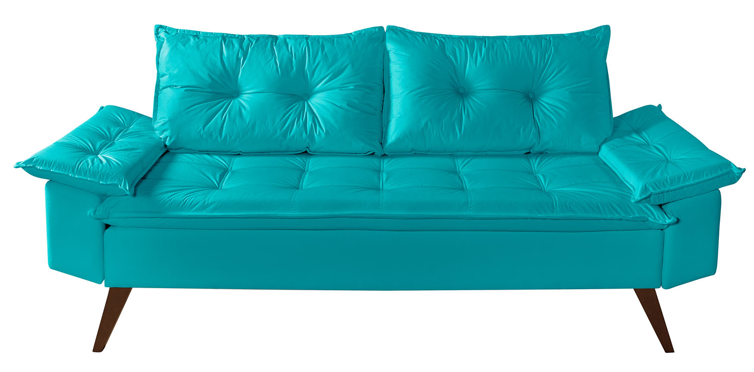 Sofa Bariloche 3 Lugares + 2 banquetas Retro Courino Azul Turquesa Couro Sintetico Essencial Estofados