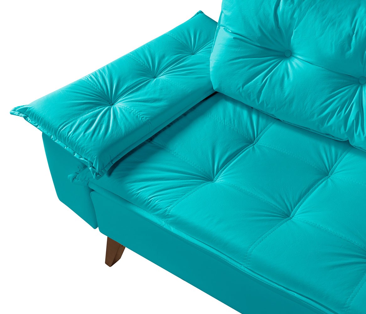 Sofa Bariloche 3 Lugares + 2 banquetas Retro Courino Azul Turquesa Couro Sintetico Essencial Estofados