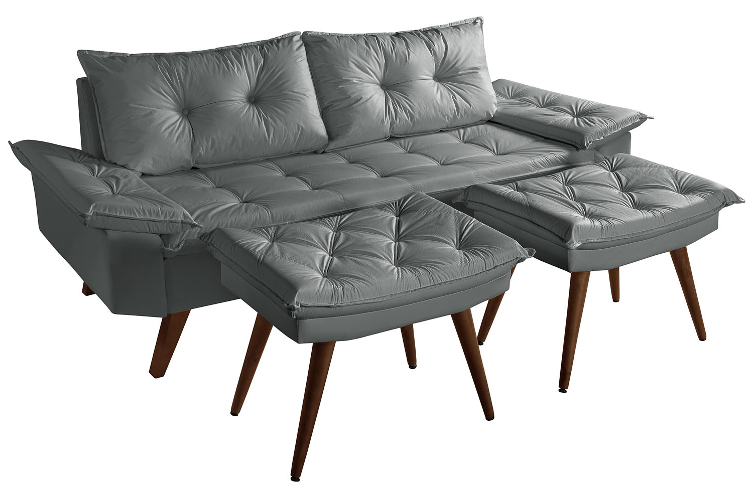 Sofa Bariloche 3 Lugares + 2 banquetas Retro Courino Cinza Couro Sintetico Essencial Estofados