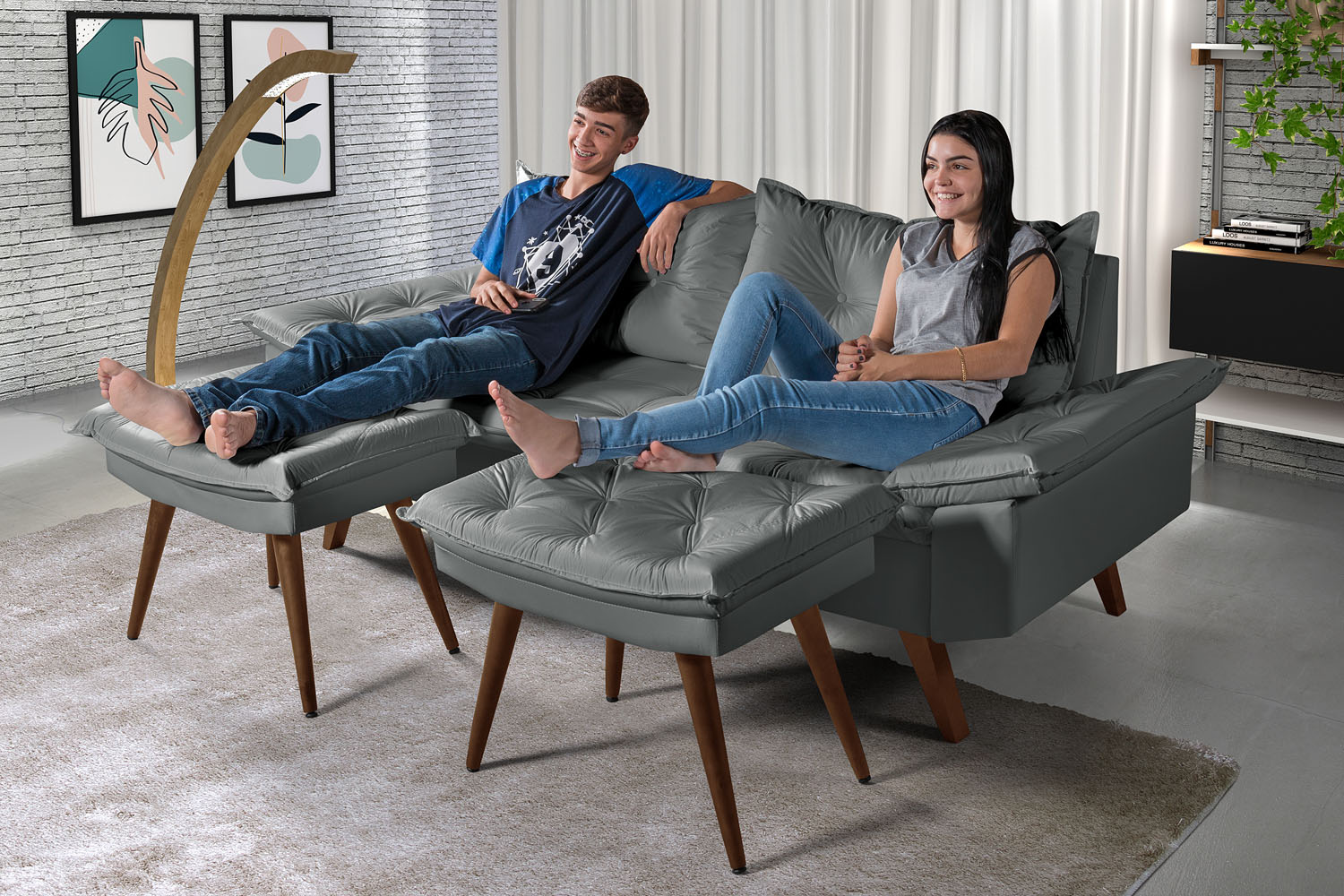 Sofa Bariloche 3 Lugares + 2 banquetas Retro Courino Cinza Couro Sintetico Essencial Estofados