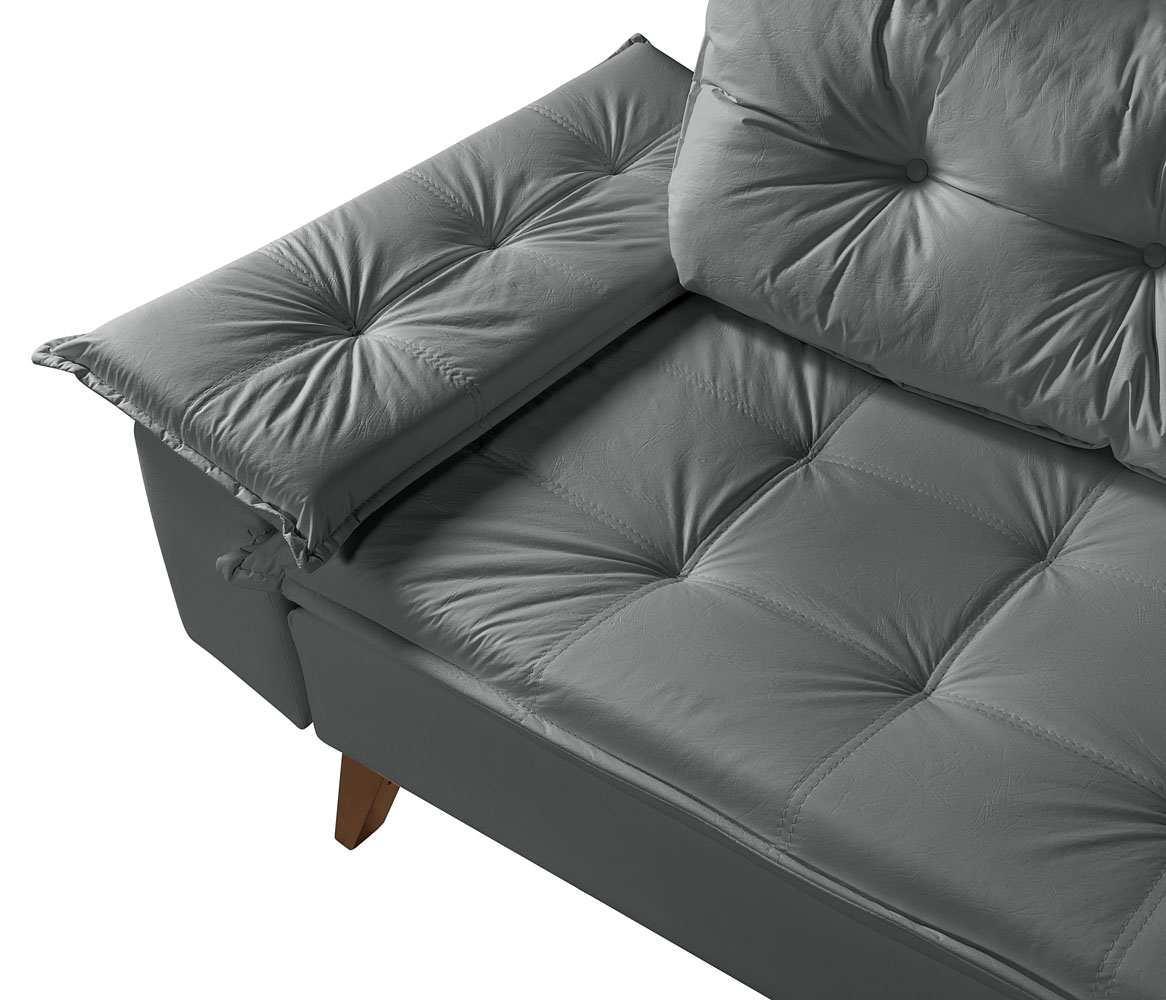 Sofa Bariloche 3 Lugares + 2 banquetas Retro Courino Cinza Couro Sintetico Essencial Estofados