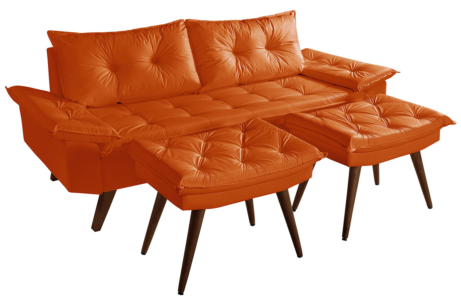 Sofa Bariloche 3 Lugares + 2 banquetas Retro Courino Laranja Couro Sintetico Essencial Estofados