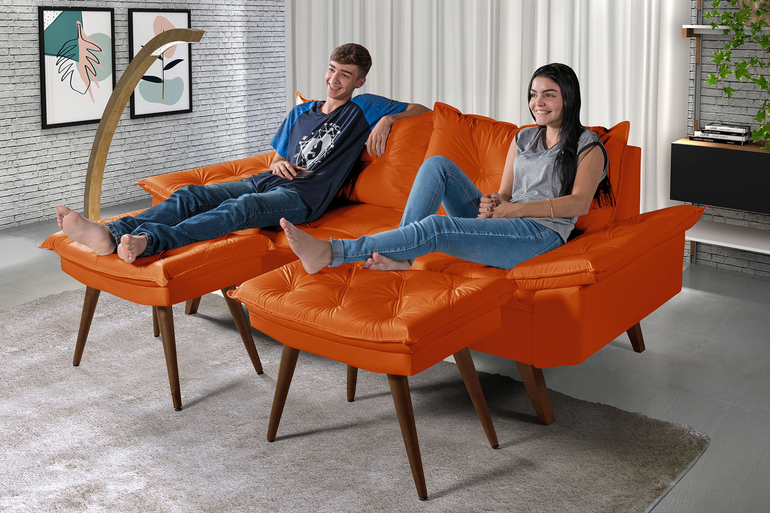 Sofa Bariloche 3 Lugares + 2 banquetas Retro Courino Laranja Couro Sintetico Essencial Estofados