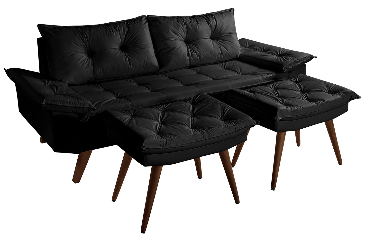 Sofa Bariloche 3 Lugares + 2 banquetas Retro Courino Preto Couro Sintetico Essencial Estofados