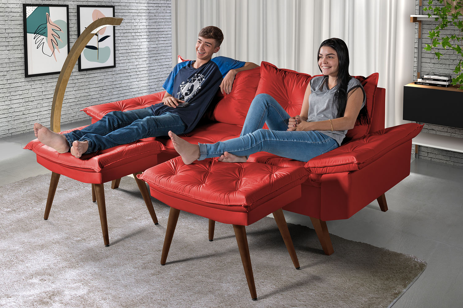 Sofa Bariloche 3 Lugares + 2 banquetas Retro Courino Vermelho Couro Sintetico Essencial Estofados