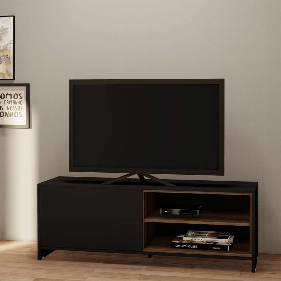 [OUTLET] Rack Carmelo Preto e Madeirado 130 cm