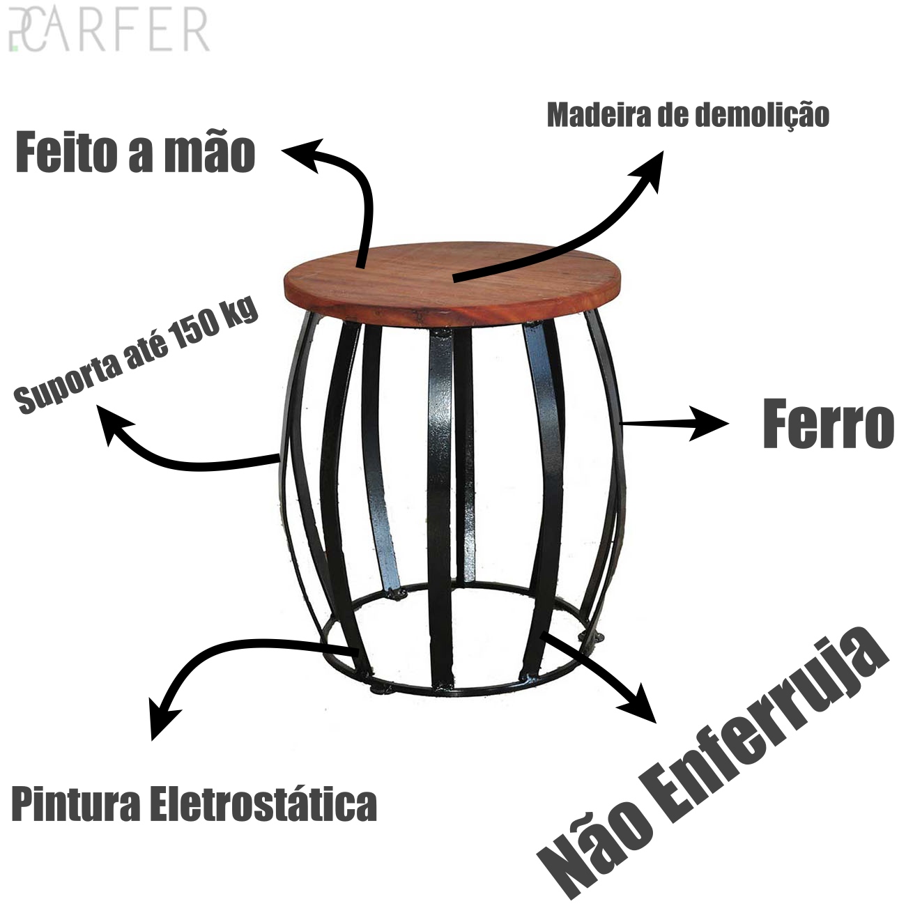 Banco Banquinho Barril Rústico Ferro e Madeira Artesanal