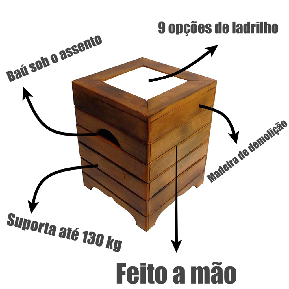 Banquinho Báu de Madeira Maciça Artesanal com Ladriho Hidráulico D1