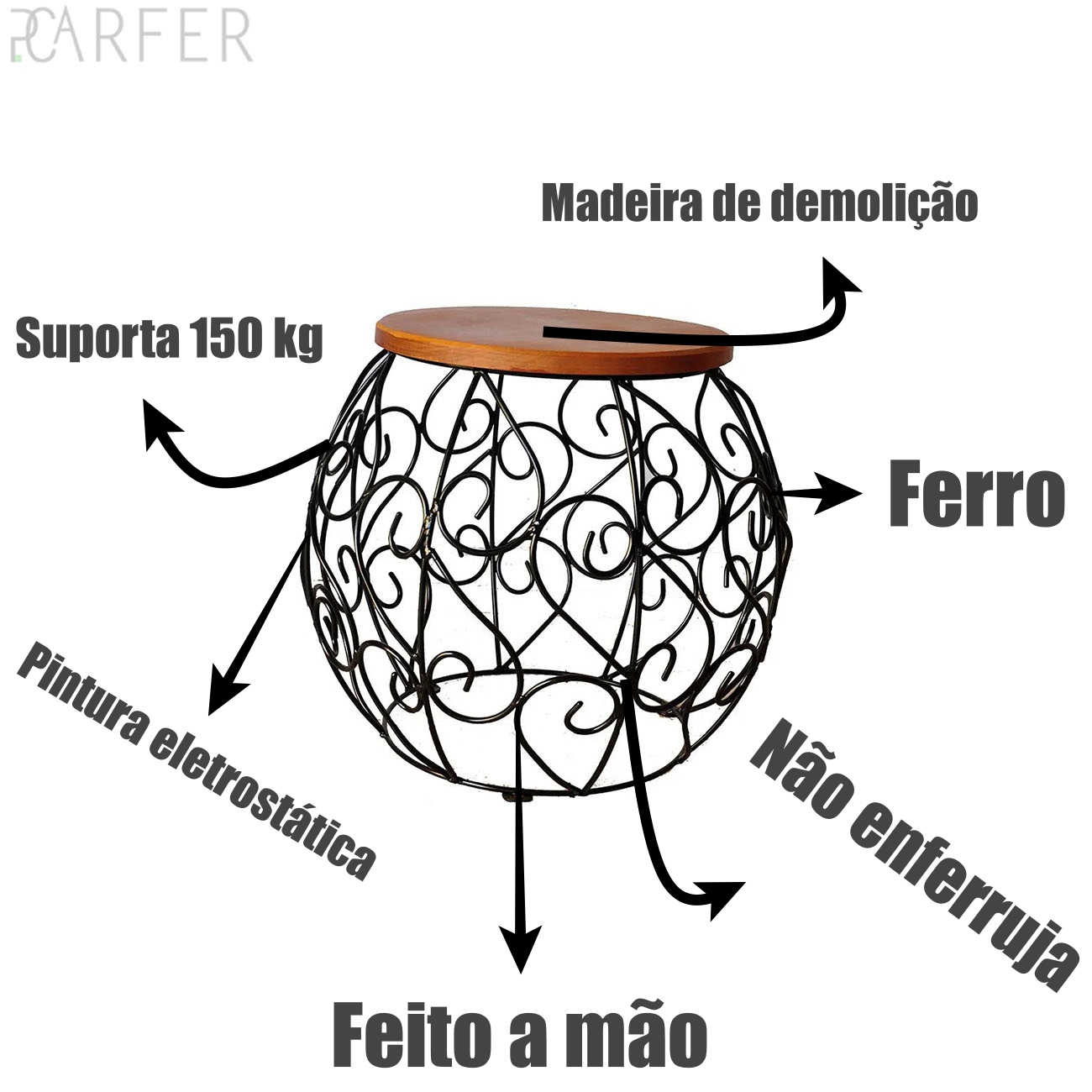 Banquinho Barril Arabesco Ferro e Madeira Rustico Artesanal