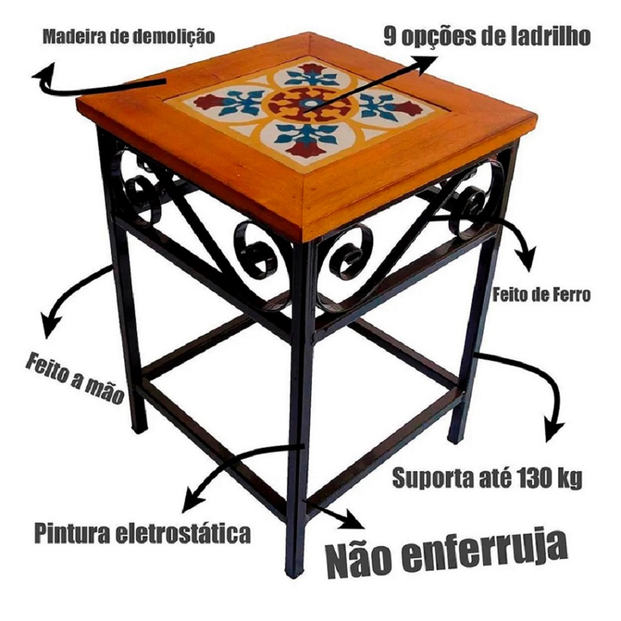 Banquinho de Ferro e Madeira com Ladrilho Hidráulico Artesanal B2