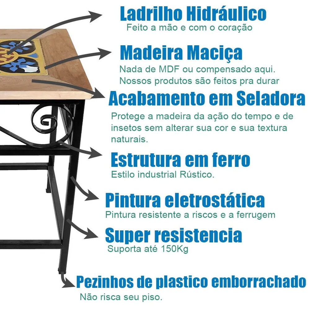 Banquinho de Ferro e Madeira com Ladrilho Hidráulico Rústico Artesanal S01