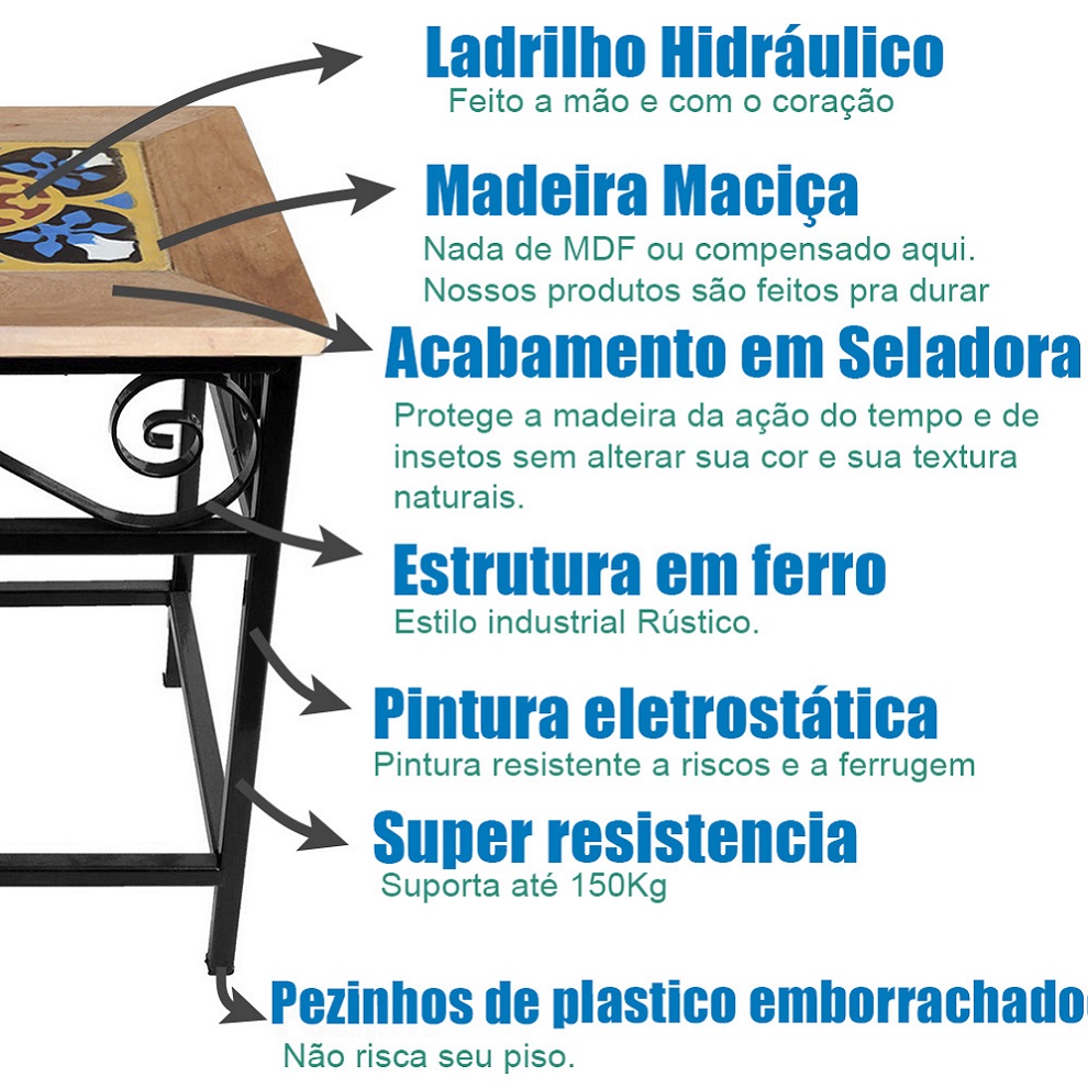 Banquinho de Ferro e Madeira com Ladrilho Hidráulico Rústico Artesanal S02