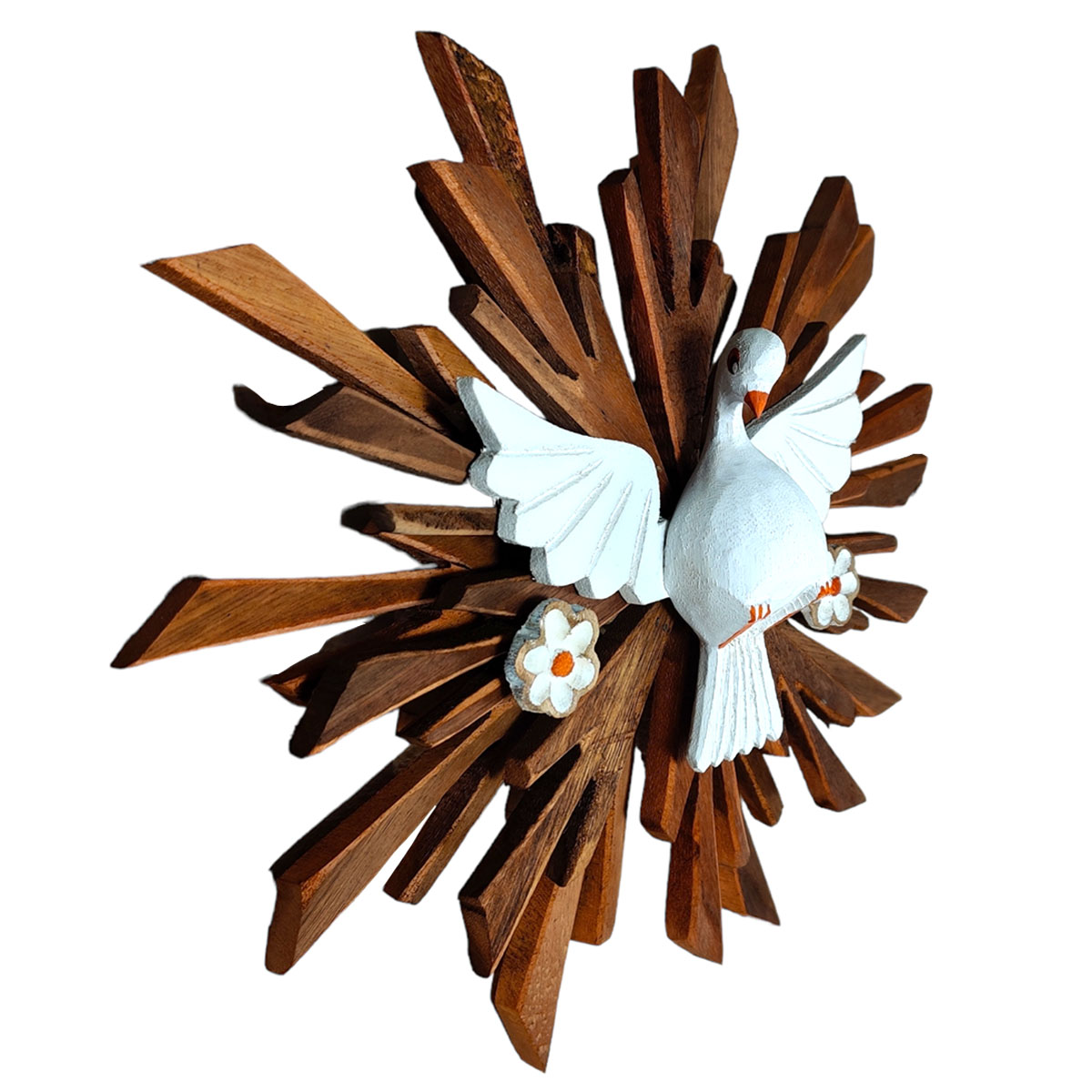 Escultura Divino Espirito Santo de Parede De Madeira Maciça Esculpido a mão 32cm Flores
