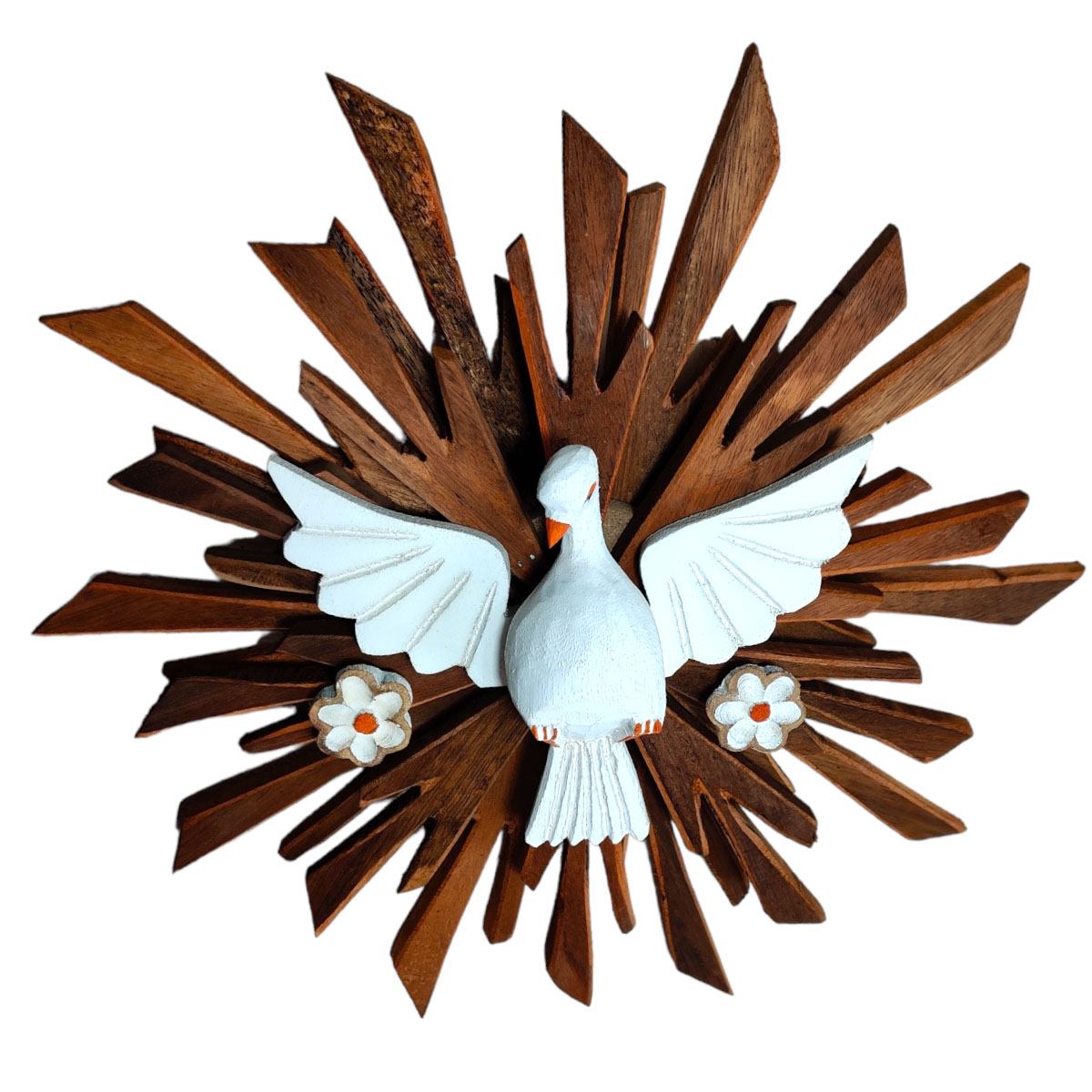 Escultura Divino Espirito Santo de Parede De Madeira Maciça Esculpido a mão 32cm Flores